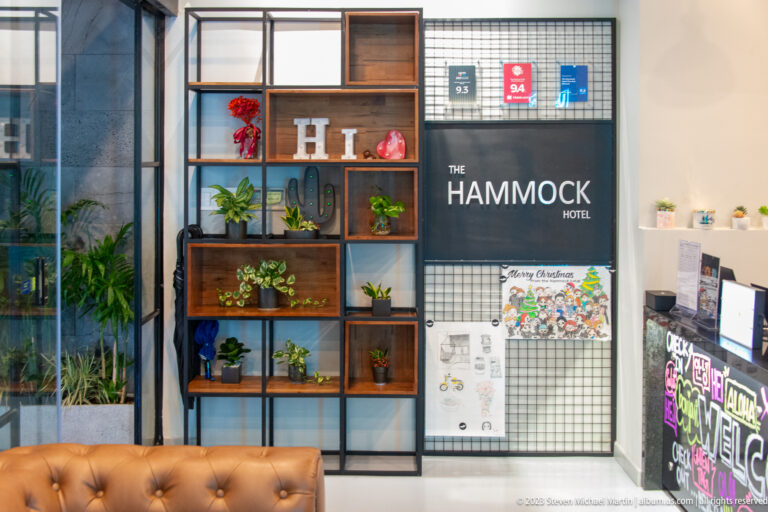 Hammock Hotel lobby with modular wooden shelves, plants, maps, a black metal grid, and tan leather sofa.