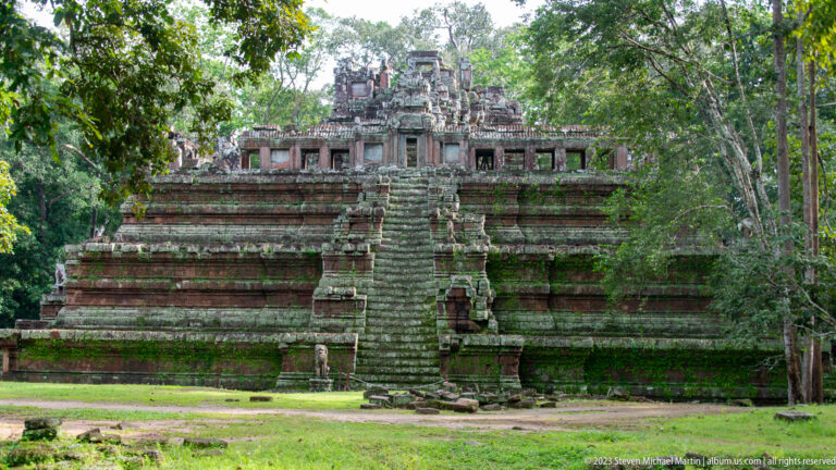 Frontal symmetrical view of steep stair on Phimeanakas at Angkor Thom.