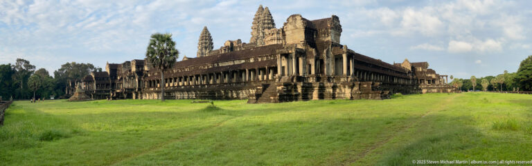 Closer oblique view of the gallery corner pavilion and towers at Angkor Wat.