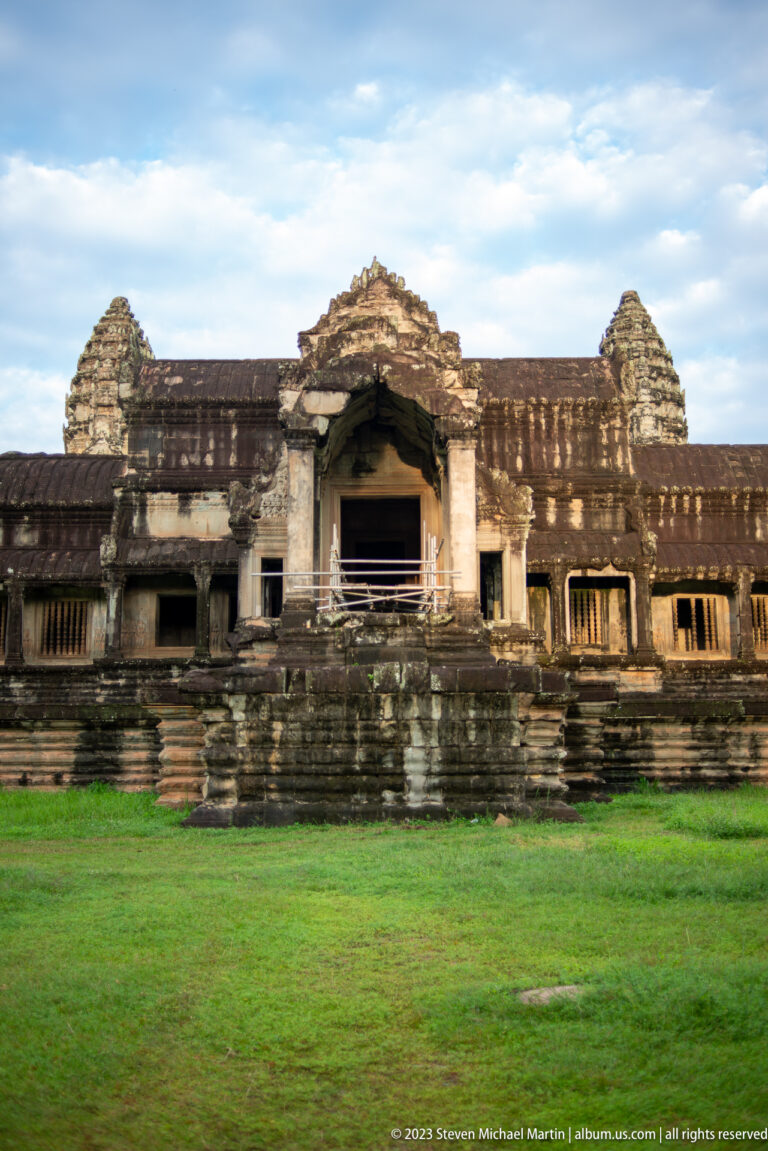Closer view of the projecting western entrance pavilion and stair at Angkor Wat.