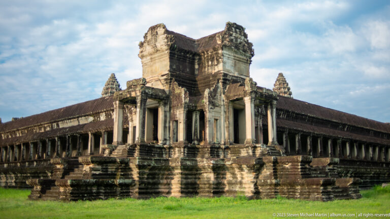 Closer architectural view of the projecting western corner pavilion at Angkor Wat.