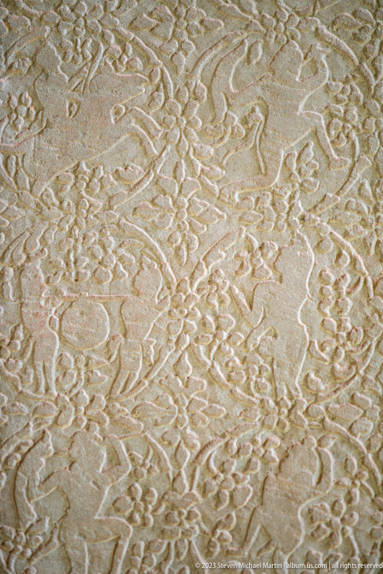 Second close panel of repeating circular floral motifs with a larger central medallion at Angkor Wat.