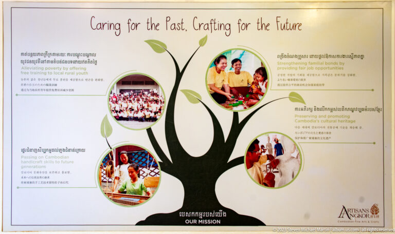 Interpretive panel with a black tree graphic and four circular photographs of artisans and trainees.