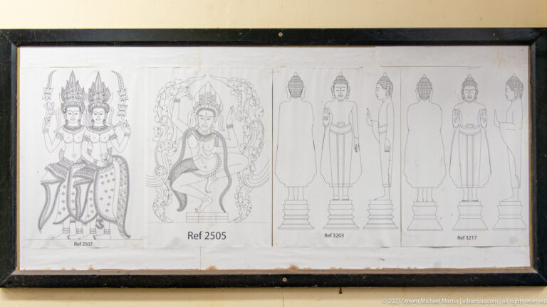 Wall-mounted line drawings of standing and seated Khmer figures shown from several viewpoints.