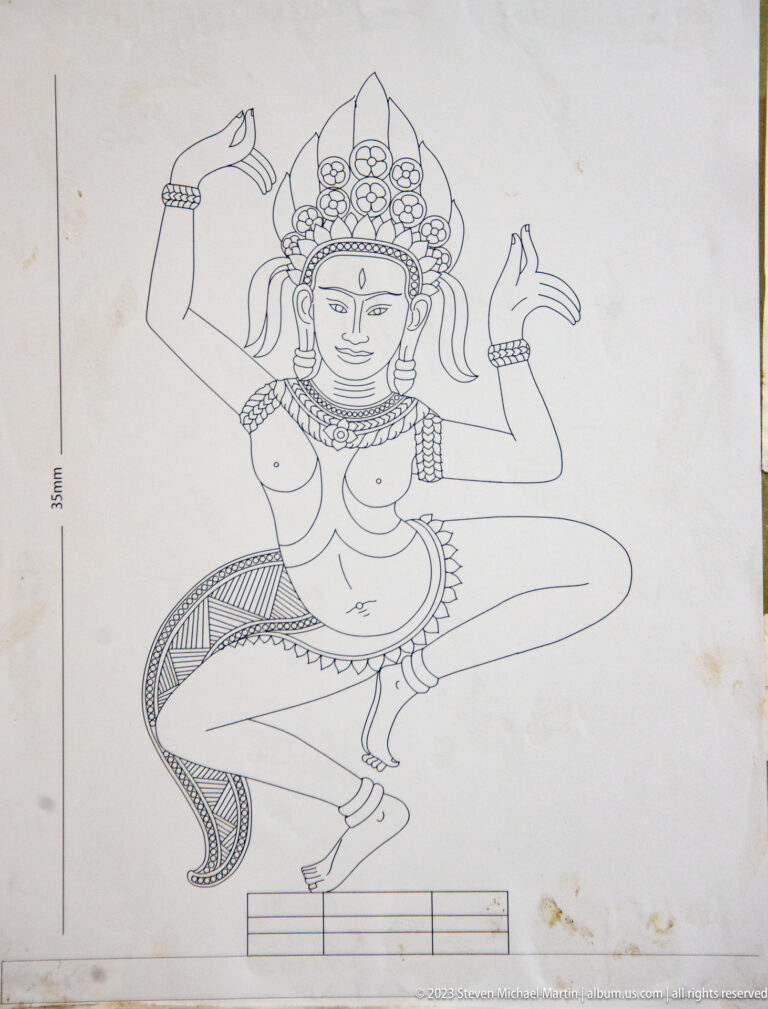 Line drawing of a Khmer-style female dancer with raised arms and one bent leg.