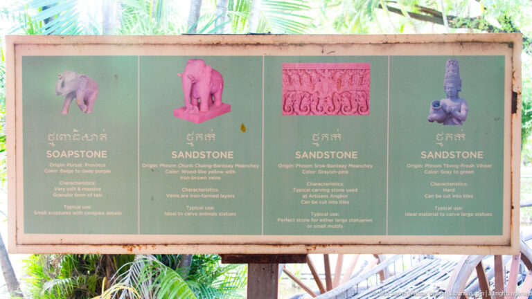 Green bilingual panel comparing four sandstone types with photographs of carved objects.