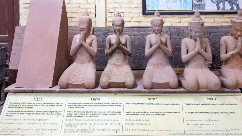 Four kneeling Khmer-style figures arranged from rough model to finished sculpture above step labels.