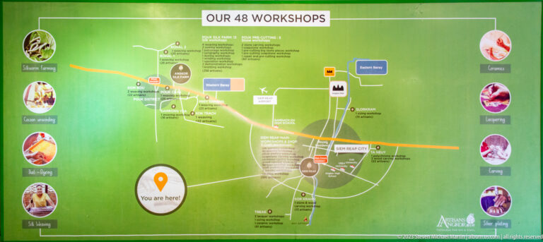 Green map titled Our 48 Workshops with workshop symbols and a You are here marker.