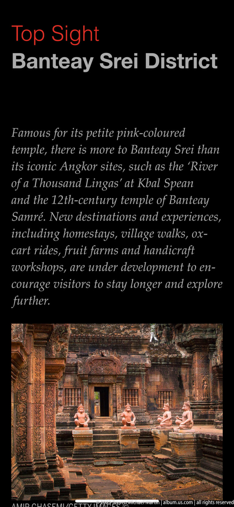 Black information slide titled Sight of Banteay Srei District with descriptive text and a temple photograph.