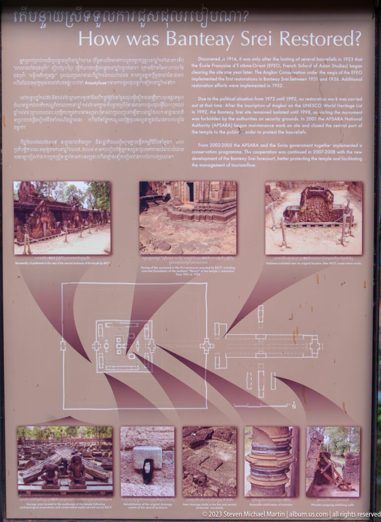 Conservation panel with historic photographs, plans, and architectural drawings of Banteay Srei.