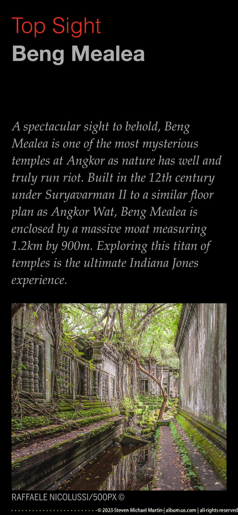 Black Beng Mealea information graphic with white text and a small photograph of root-covered temple ruins.