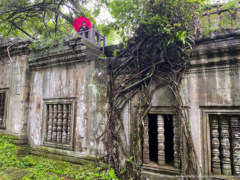 Large tree roots spread across a sandstone gallery with stone-baluster windows at Beng Mealea.