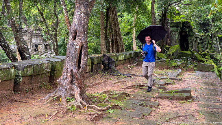 Male traveler with a black umbrella walks along a damp stone path through forested temple ruins.
