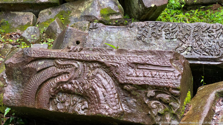 Fallen sandstone blocks display carved foliage, scrollwork, and figural reliefs among mossy temple debris.