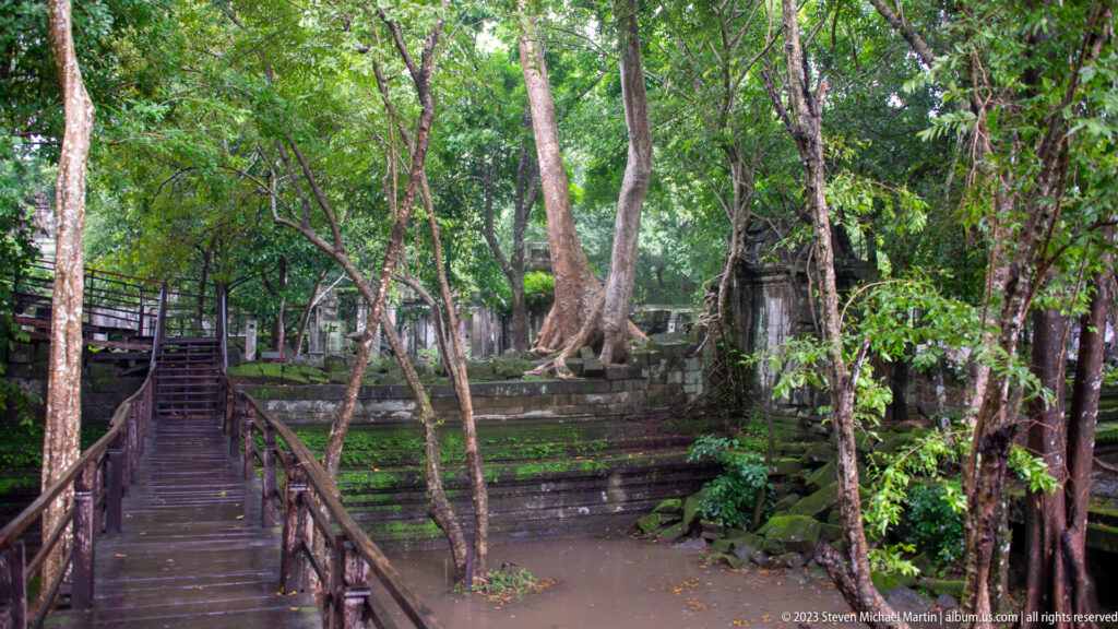 Raised wooden walkway crossing shallow water among trees and ruined temple walls.