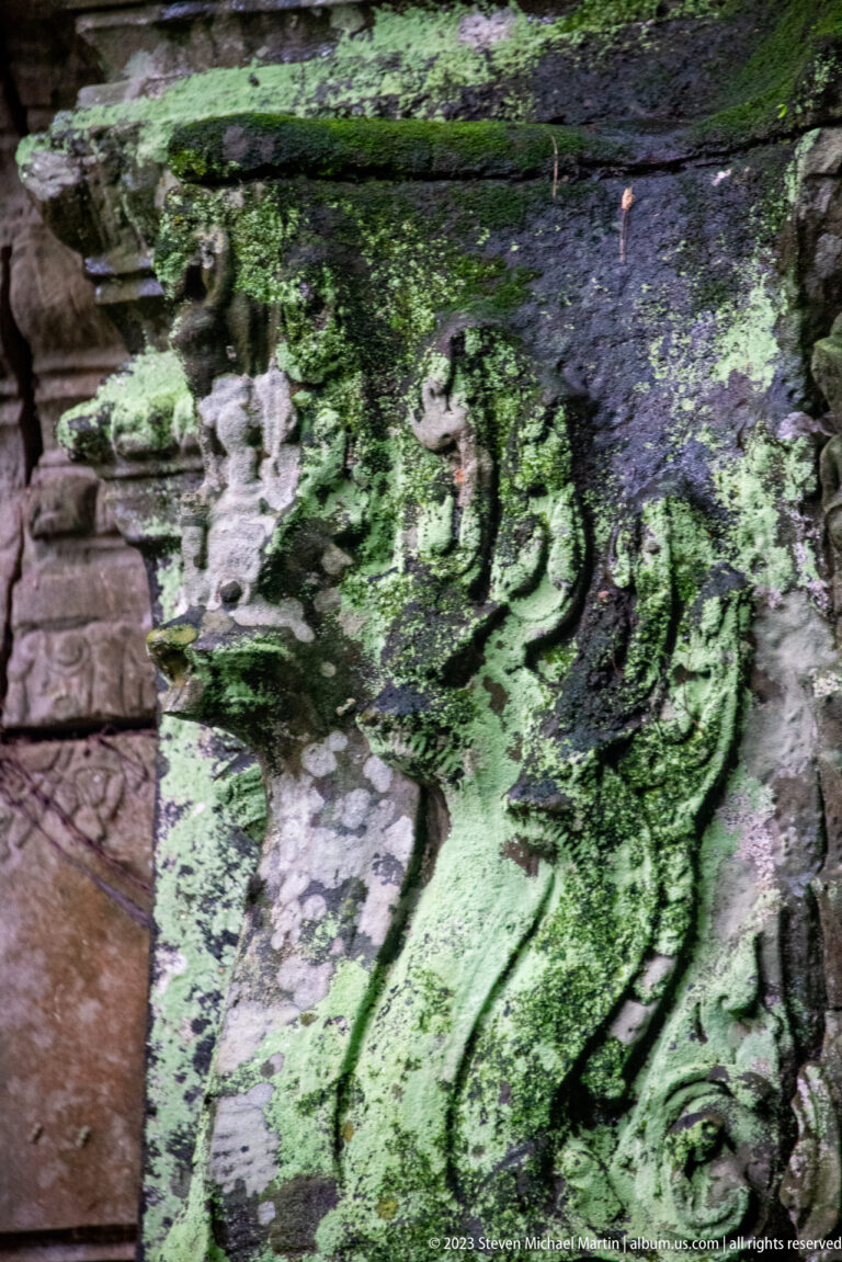 Close weathered relief of a standing headdress-wearing figure surrounded by carved ornament and green lichen.