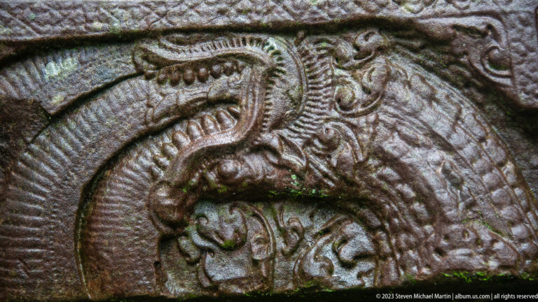 Close carved sandstone creature with open mouth, ridged snout, and curling foliate ornament.
