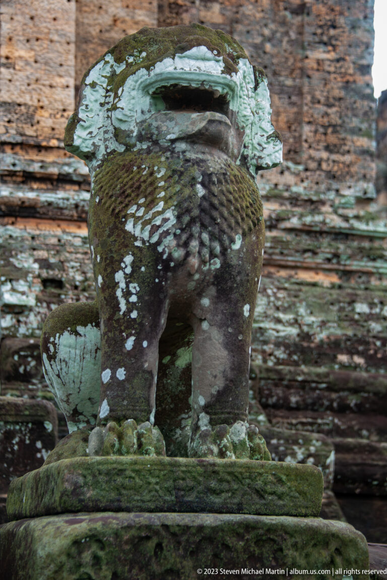Rear view of weathered guardian lion
