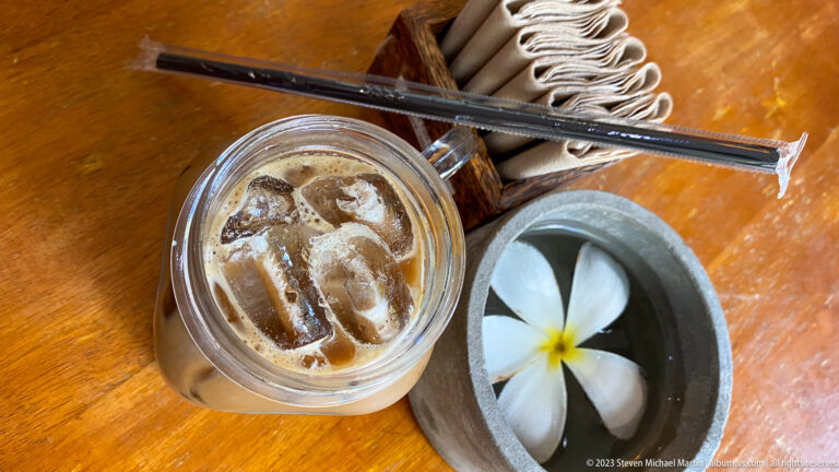 Iced coffee, folded napkin, wrapped straws, and a white plumeria blossom floating in a gray bowl.