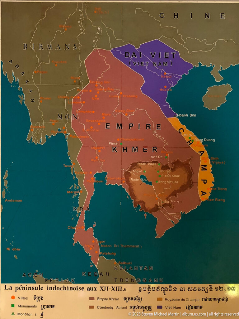 Interpretive map showing the Khmer Empire and neighboring regions across mainland Southeast Asia.