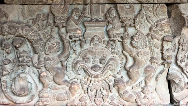 Khmer decorative relief with kala motif at the National Museum of Cambodia.
