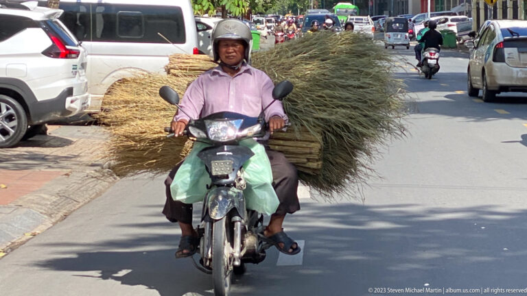 Helmeted motorcyclist carrying a huge bundle of dried grass or reeds through city traffic.
