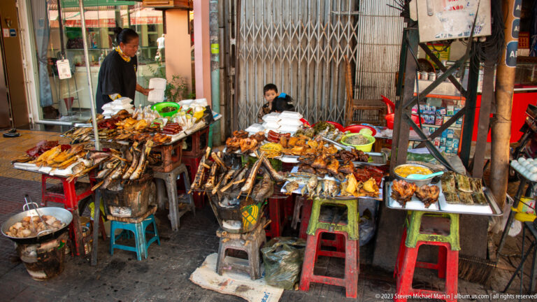 Street stall with grilled fish, poultry, and cooked foods displayed on low tables and colorful stools.