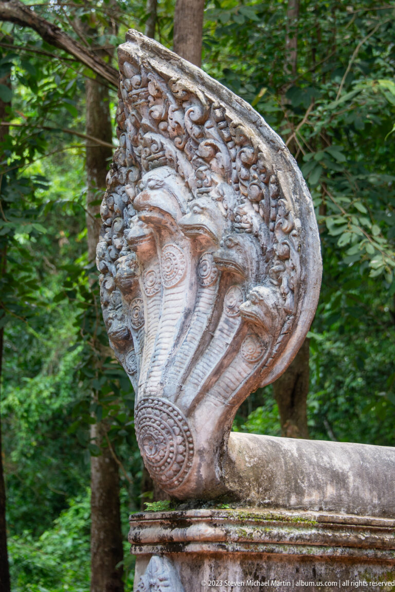 Side view of a carved multi-headed naga hood with floral scrollwork.