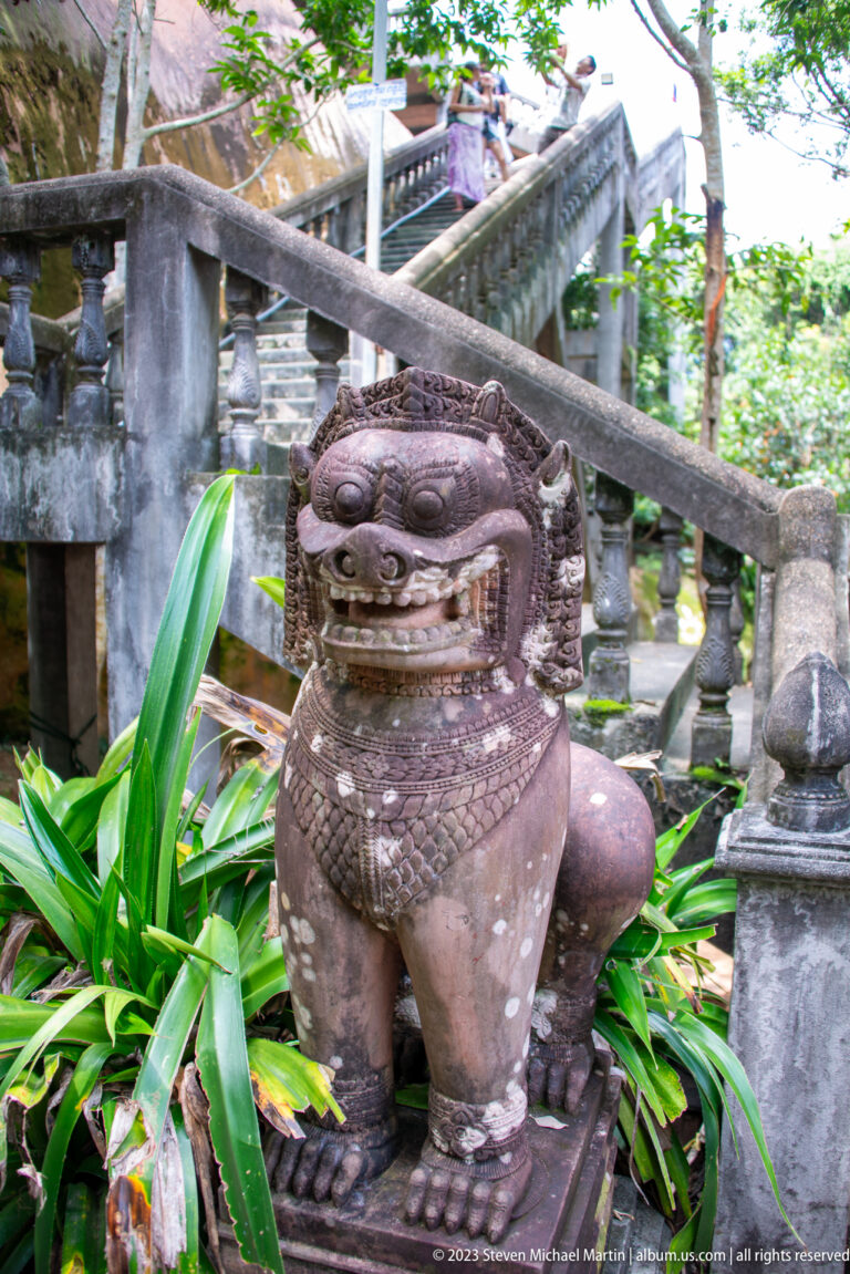 Dark seated guardian lion among plants beside a concrete stairway.