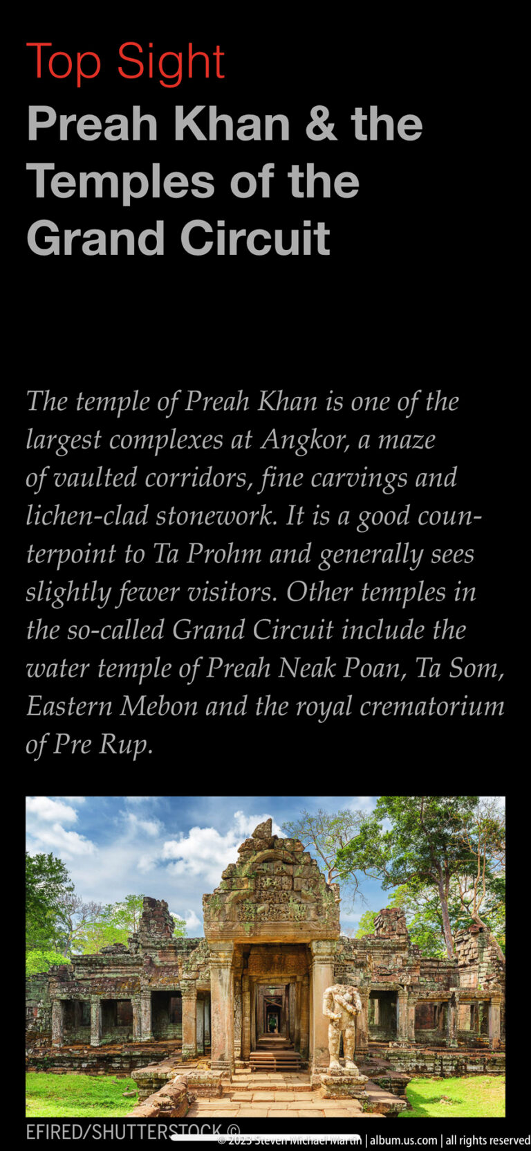 Black visitor information panel with text and a photograph of Preah Khan temple ruins.