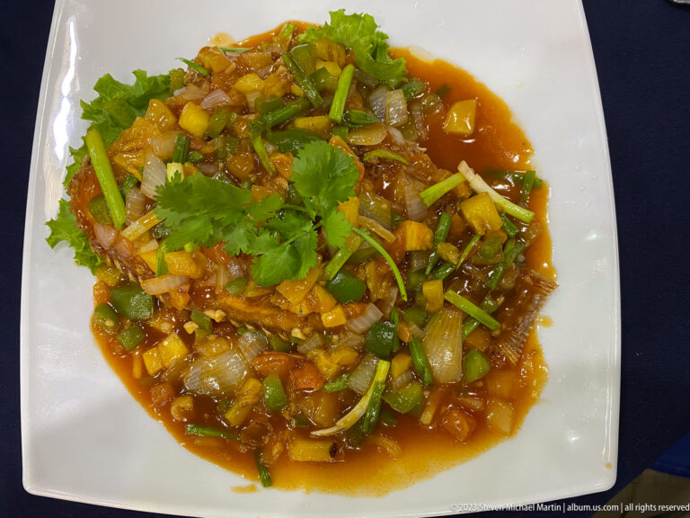 Stir-fried vegetables in brown sauce on a white plate, topped with fresh cilantro.