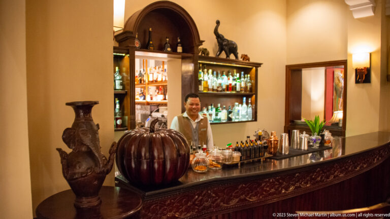 Bartender standing behind a carved dark wooden bar with illuminated bottles and decorative sculptures.