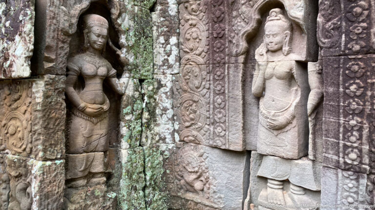 Two carved female deity figures in adjacent doorway panels with ornate borders and weathered stone surfaces.