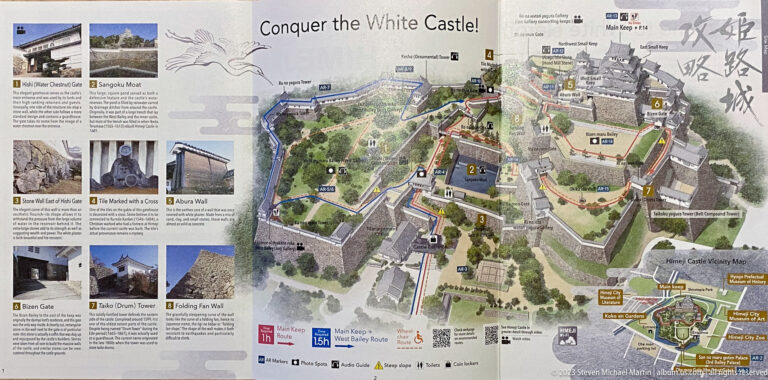 Open guide titled “Conquer the White Castle!” with a large map of Himeji Castle and smaller photographs explaining gates, walls, towers, and defensive routes.
