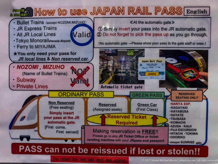 English instruction sign explaining how to use a Japan Rail Pass, with diagrams of tickets, automatic gates, train types, reserved seats, and excluded services.