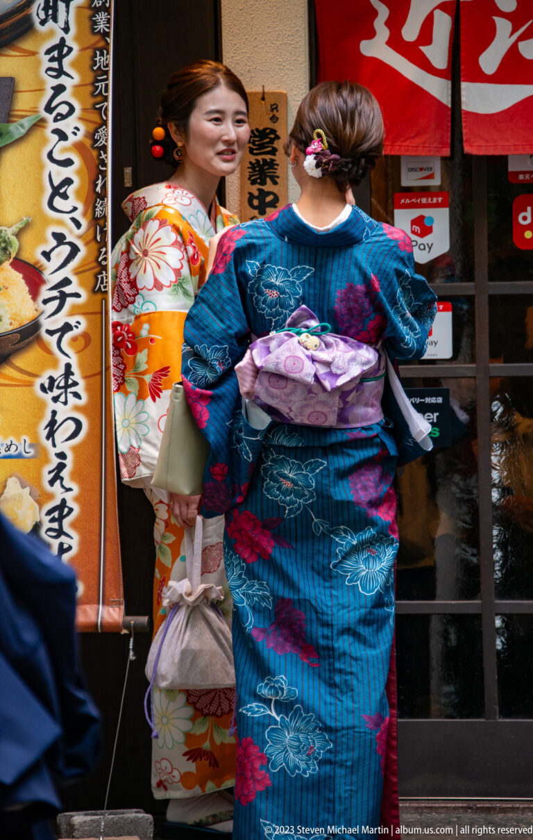 Rear view of a woman in a blue floral kimono facing another kimono-clad woman at a restaurant entrance.
