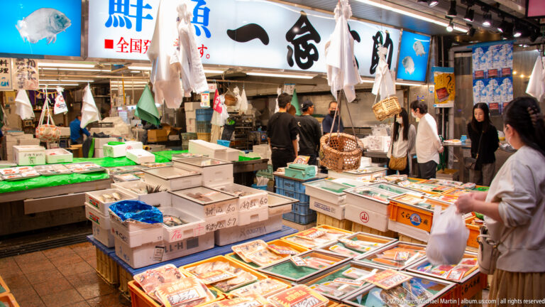 Busy seafood stall with refrigerated cases, boxed products, hanging banners, vendors, and customers.
