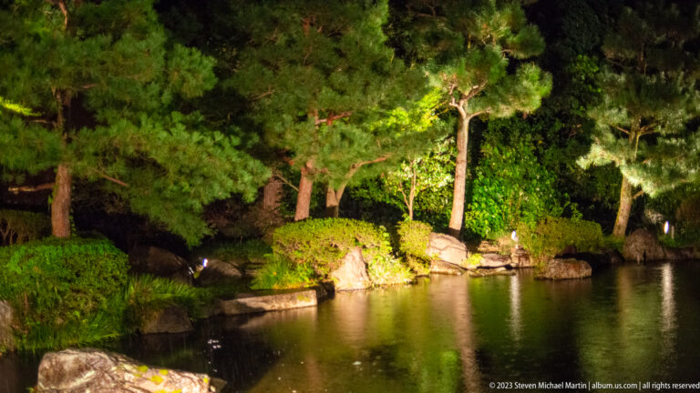 Night-lit Japanese garden pond bordered by pines, clipped shrubs, and large rocks.