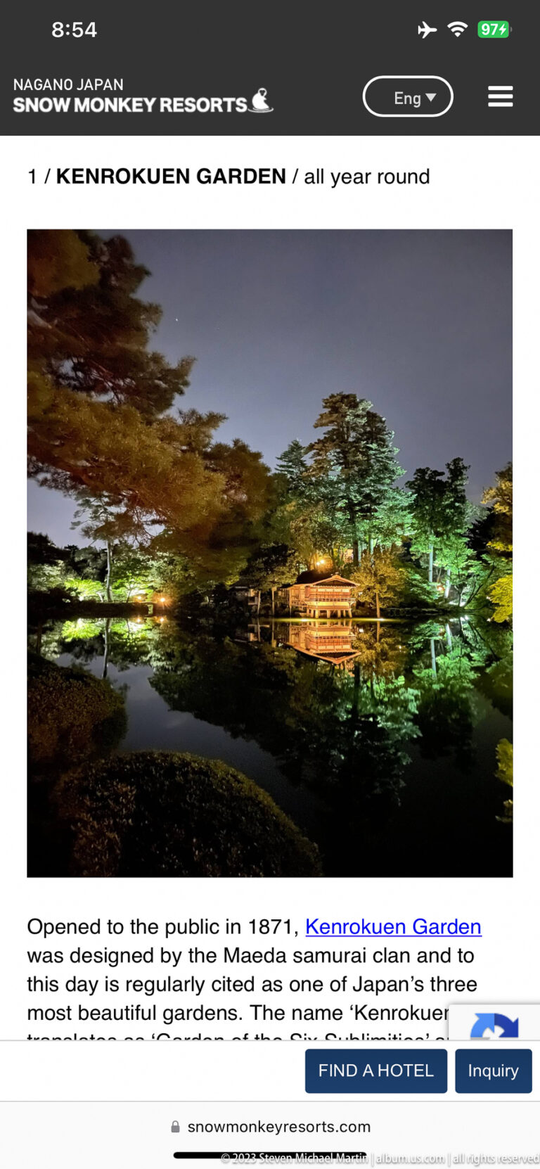 Smartphone screen showing a Snow Monkey Resorts webpage about Kenrokuen Garden in a carefully framed documentary view.