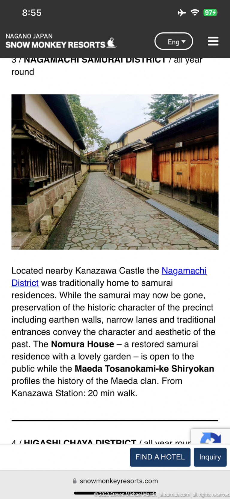Smartphone screen showing a tourism webpage with a street in Kanazawa’s Nagamachi district.
