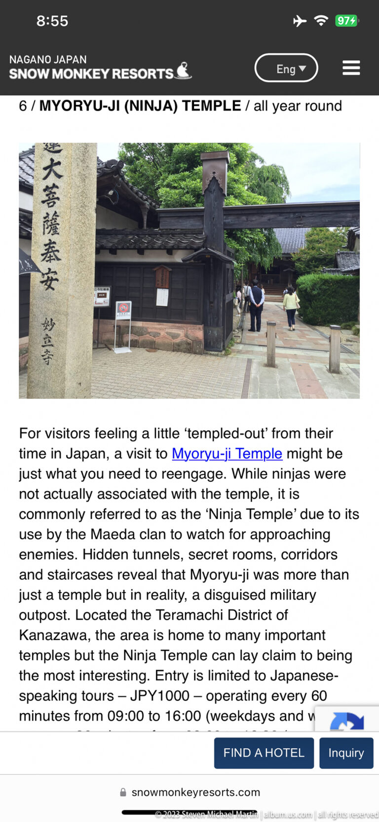 Smartphone screen displaying a travel article about Myoryuji, known as Kanazawa’s Ninja Temple.