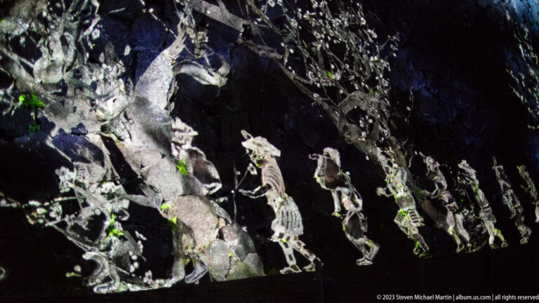 Long row of projected figures beneath tree branches on a sloping stone wall.