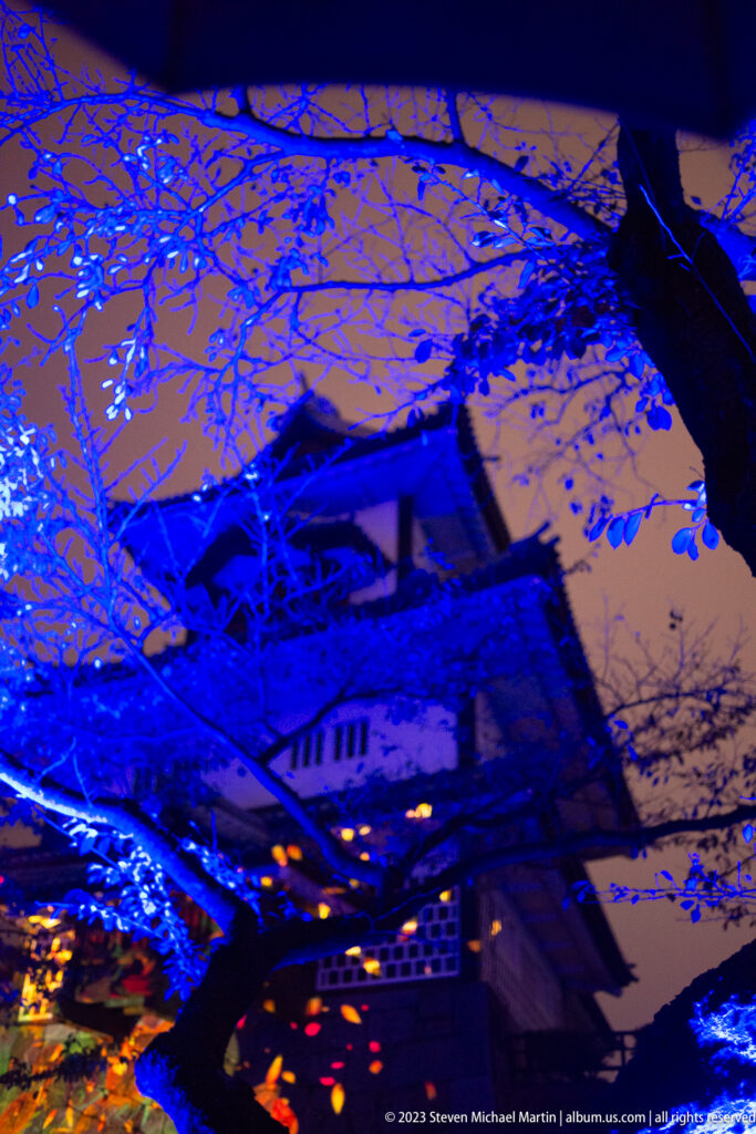 Kanazawa Castle roof and walls illuminated blue beneath projected branch patterns.