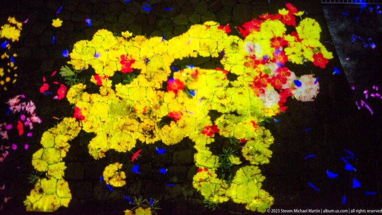Large yellow flower-formed animal projection made of floral forms on a dark stone wall.