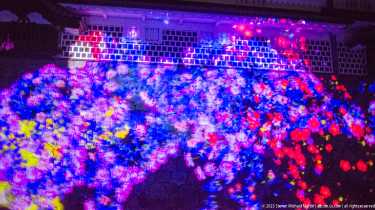Large blue-violet and red teamLab flower-animal projection covers stonework beneath white castle walls.