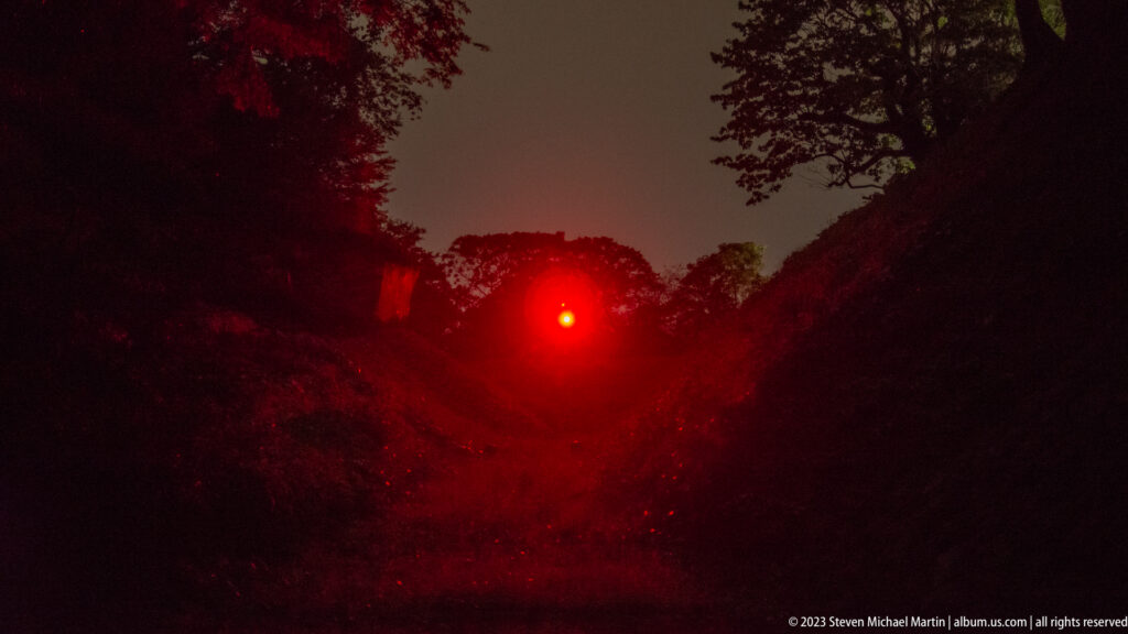 Bright red spotlight glows through dark trees and foliage in the castle garden.
