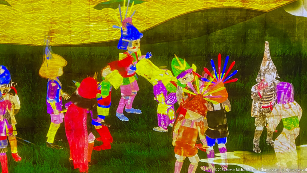 Colorful visitor-drawn Japanese feudal leaders animated together in teamLab’s Sketch Generals.
