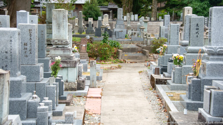 Straight paved path between rows of stone family graves with flowers in an urban cemetery.