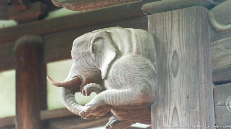 Close view of a weathered wooden elephant carving projecting from a temple bracket.