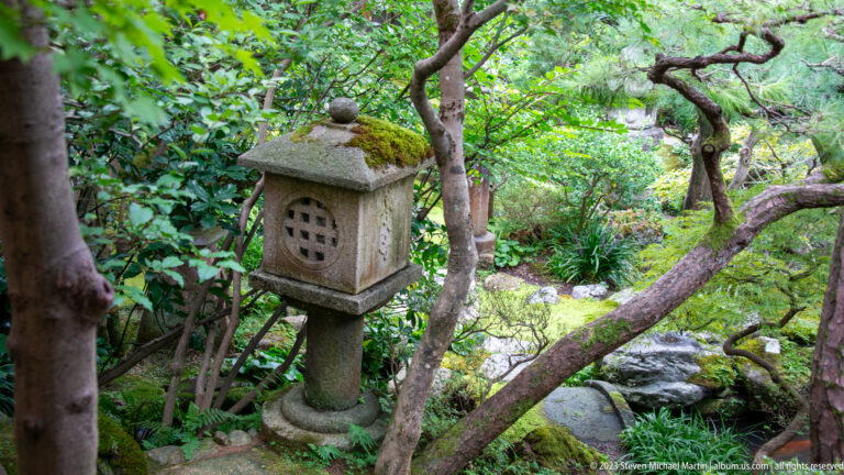 Square stone lantern with moss-covered cap beside a shallow stream, surrounded by trees, ferns, shrubs, and rocks.